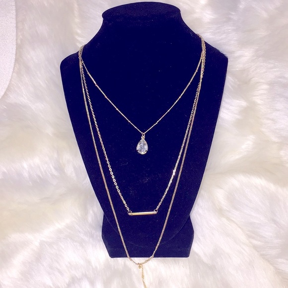 Stylish 3-Tier Layered Golden Tone Bar+Crystal Teardrop Pendant, Long Necklace - Picture 2 of 16
